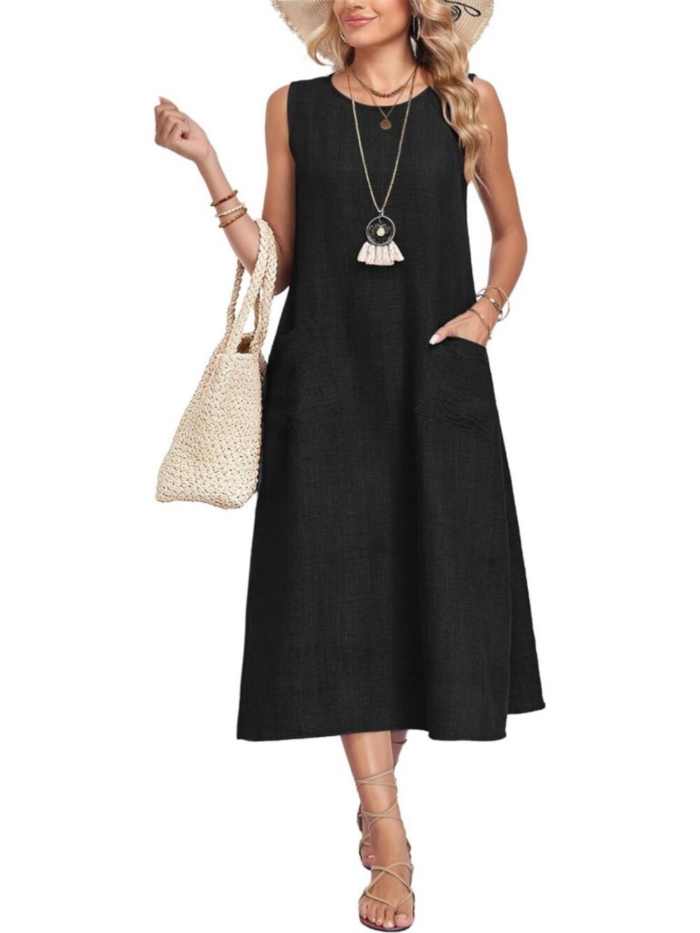 Summer Midi Casual Sleeveless Dress with Pockets for Women - Perfect for